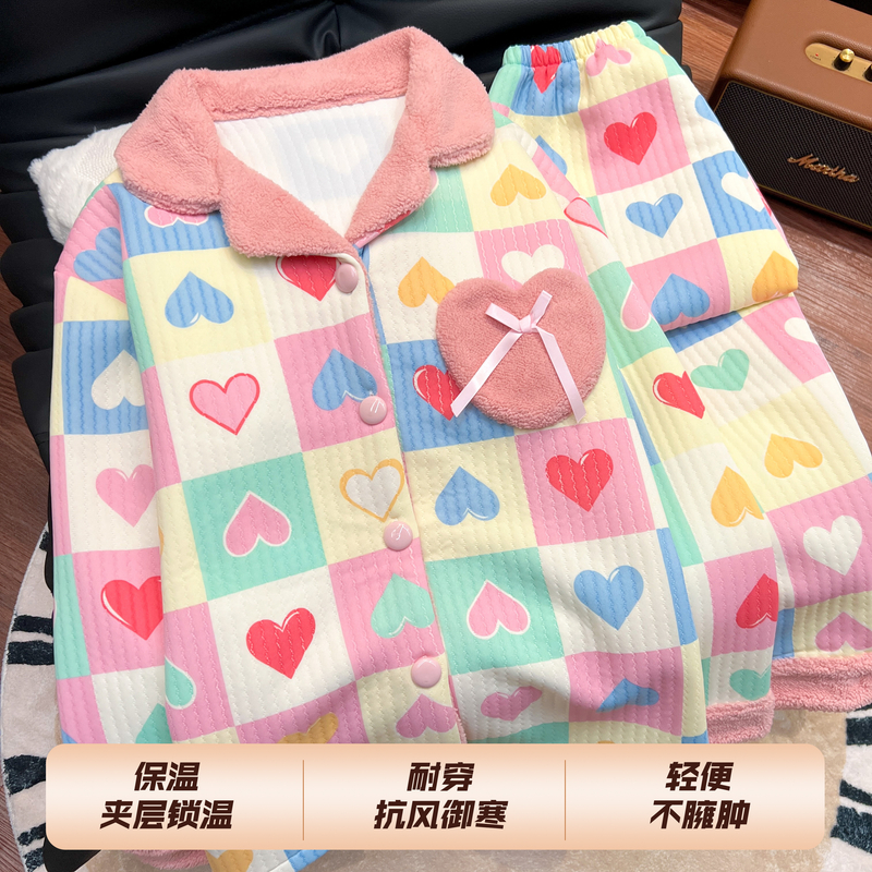 新款睡衣女甜美款秋冬保暖空气棉夹层加厚女士春秋长袖家居服套装