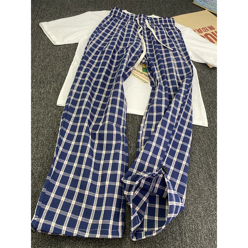 蓝色松弛感格子裤男款夏季慵懒风宽松直筒裤cleanfit高级感休闲裤