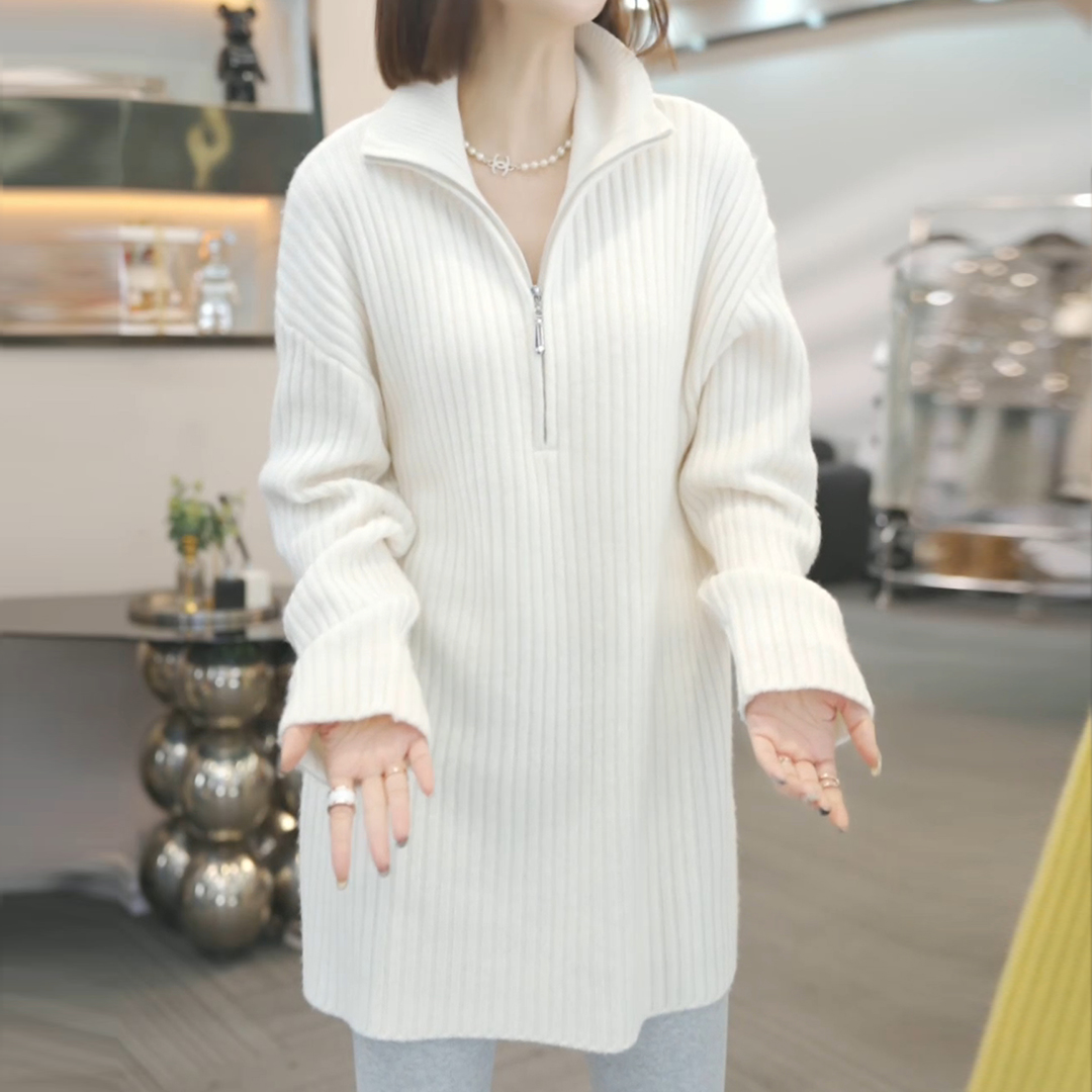 早秋新款慵懒风中长款针织衫宽松韩系高领半拉链毛衣女LK2500982