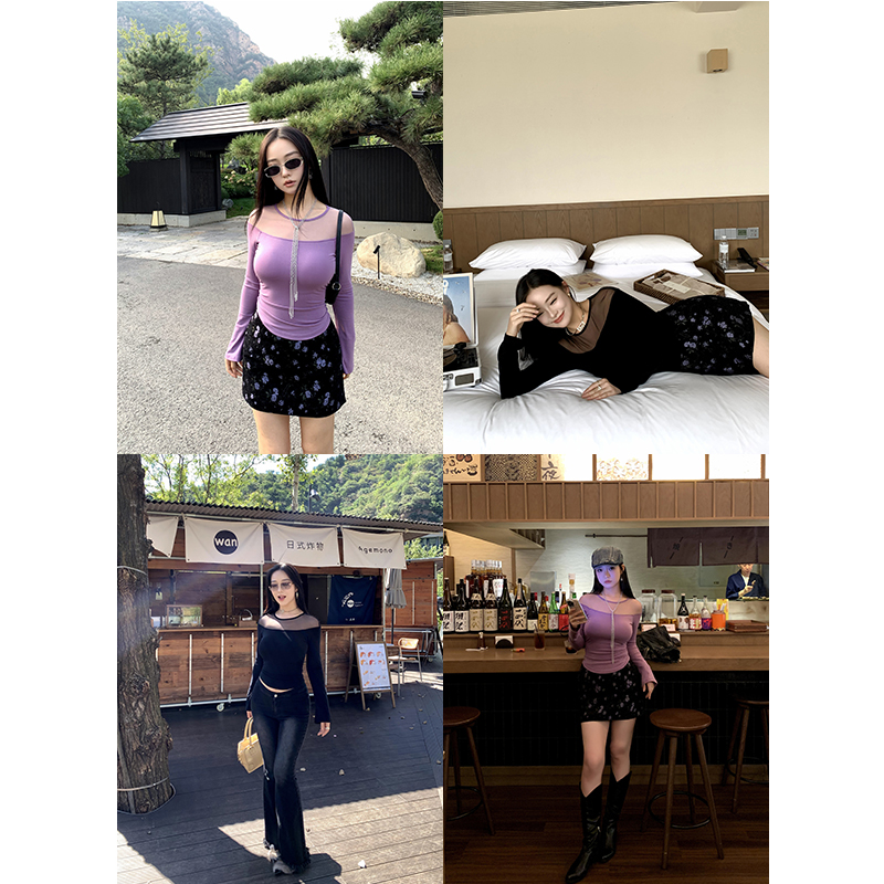 肉装小cherry 精致丽人 微胖带胸垫网纱拼接T恤纯欲修身长袖上衣