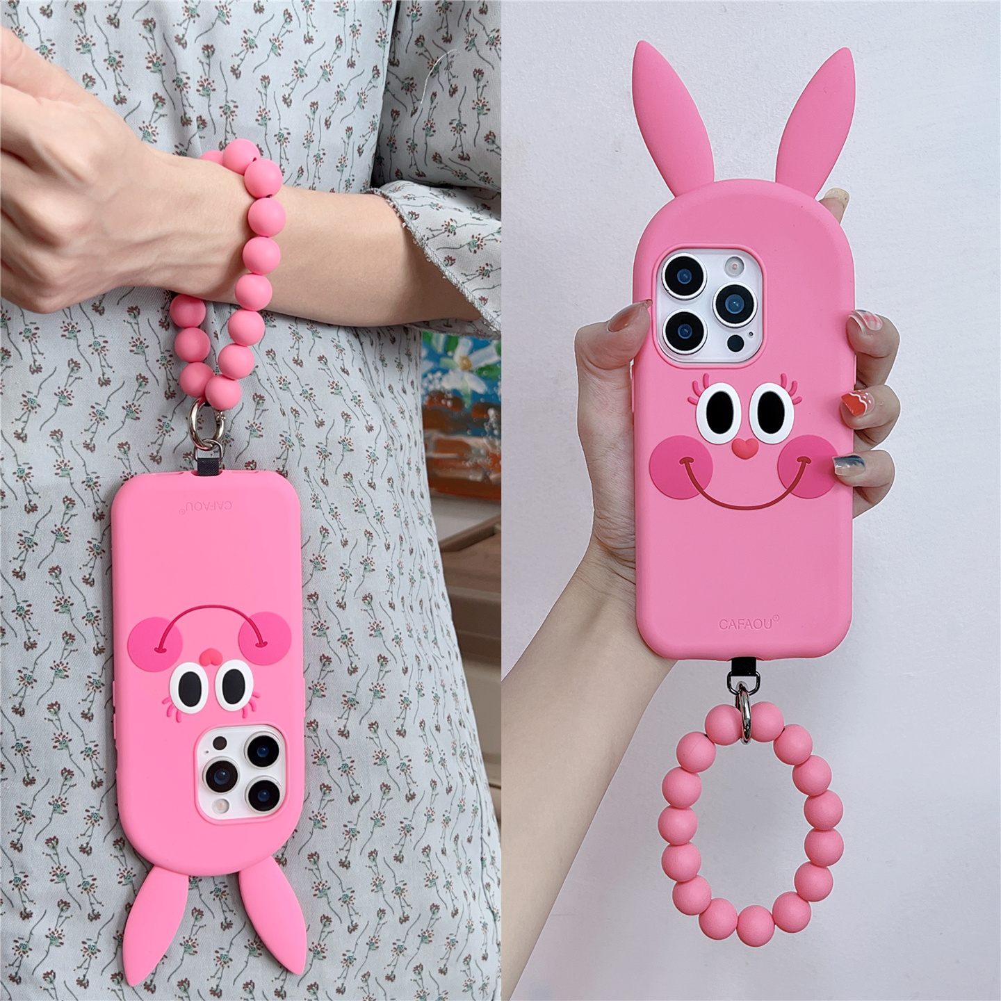 少女风硅胶玫红兔适用苹果15promax手链16圆环iphone17pm手机壳14
