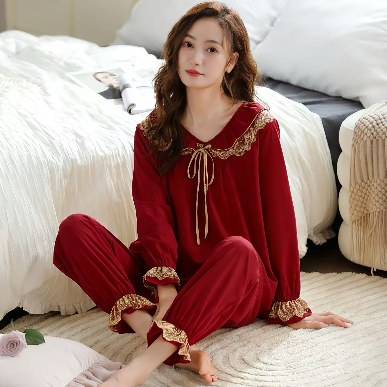 春秋季新款蕾丝花边长袖长裤睡衣女士本命年红色喜庆新婚结婚套装