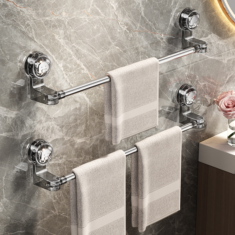 旋转吸盘伸缩双杆晾晒免打孔浴室双杆置物架浴室浴巾架毛巾架挂杆