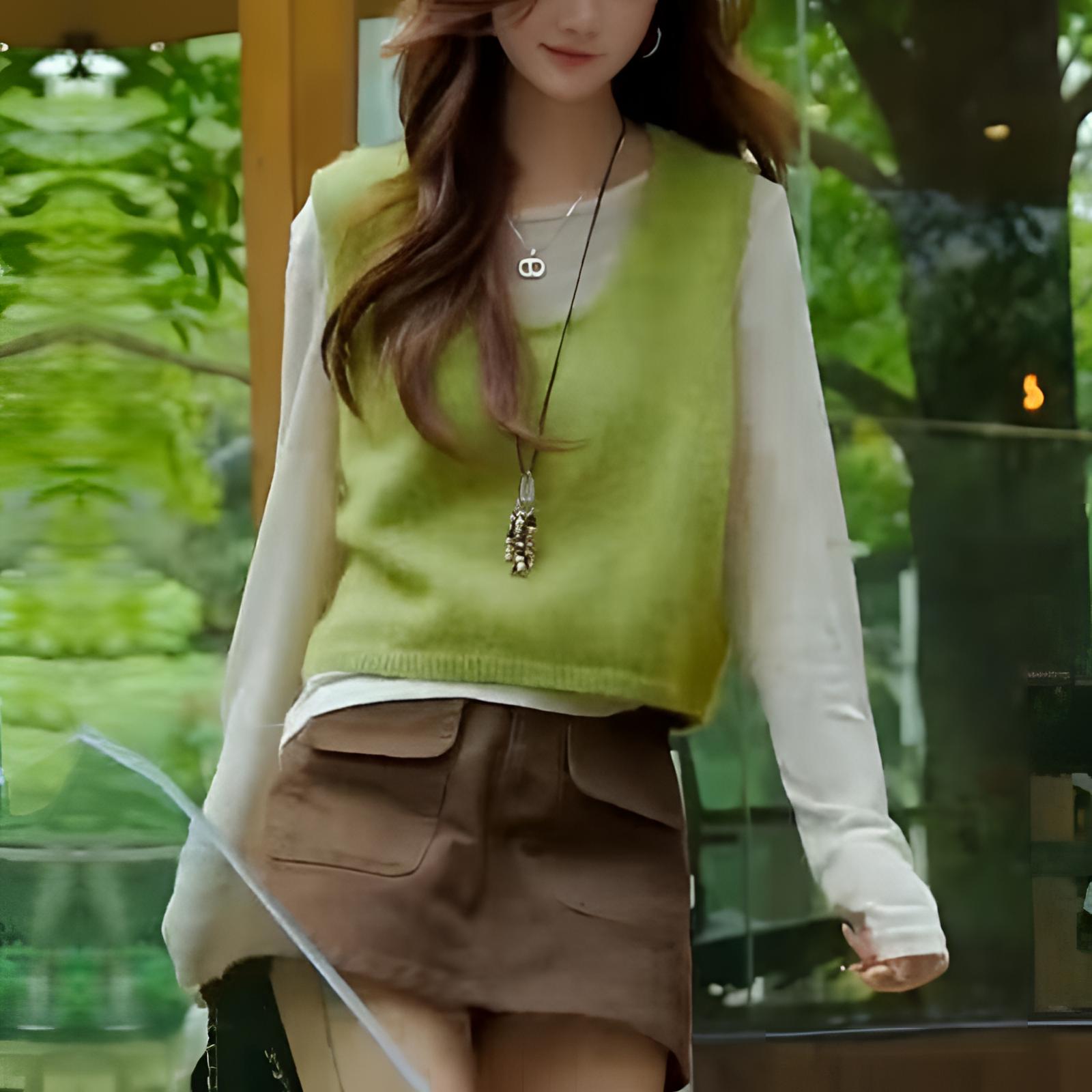 叠穿小清新绿色圆领针织马甲背心长袖内搭打底衫女洋气减龄春秋季