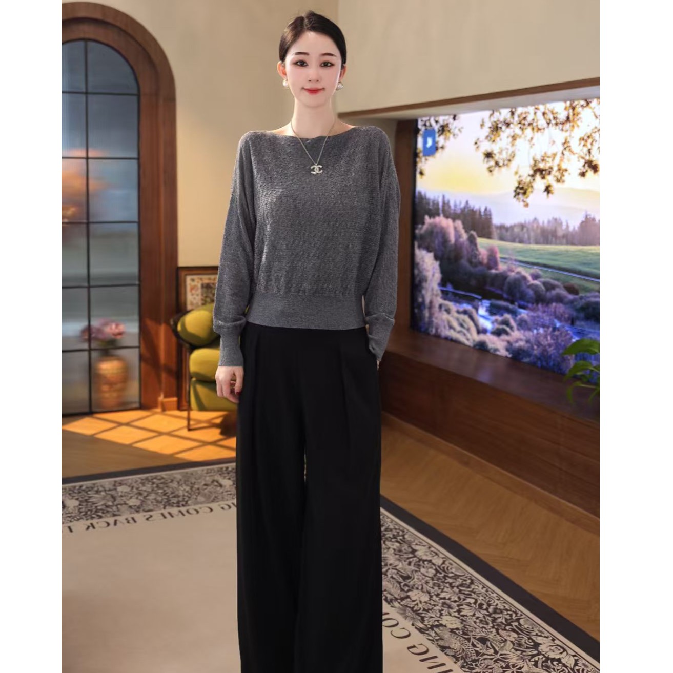 2025年秋冬新款【7947】含绵羊毛长袖高级感气质轻奢灰色针织毛衣女