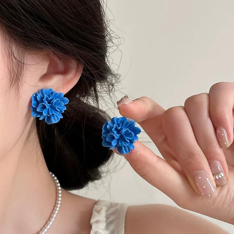 合金树脂耳饰 超显白的蓝色立体花朵耳钉港风时尚气质高级感耳饰