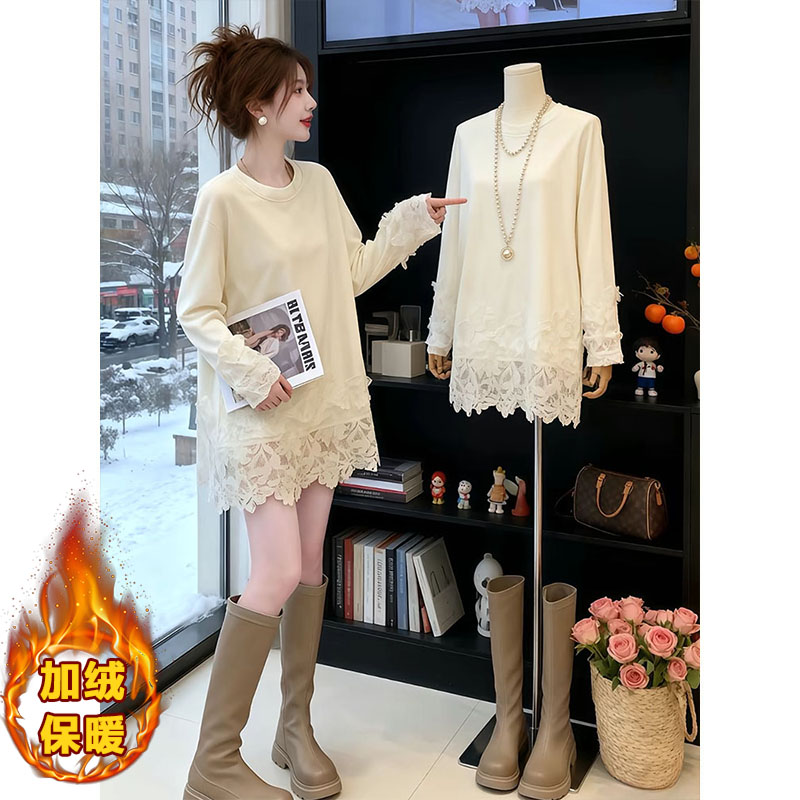 白色蕾丝拼接t恤女2025秋冬新款内搭打底加绒保暖减龄中长款上衣