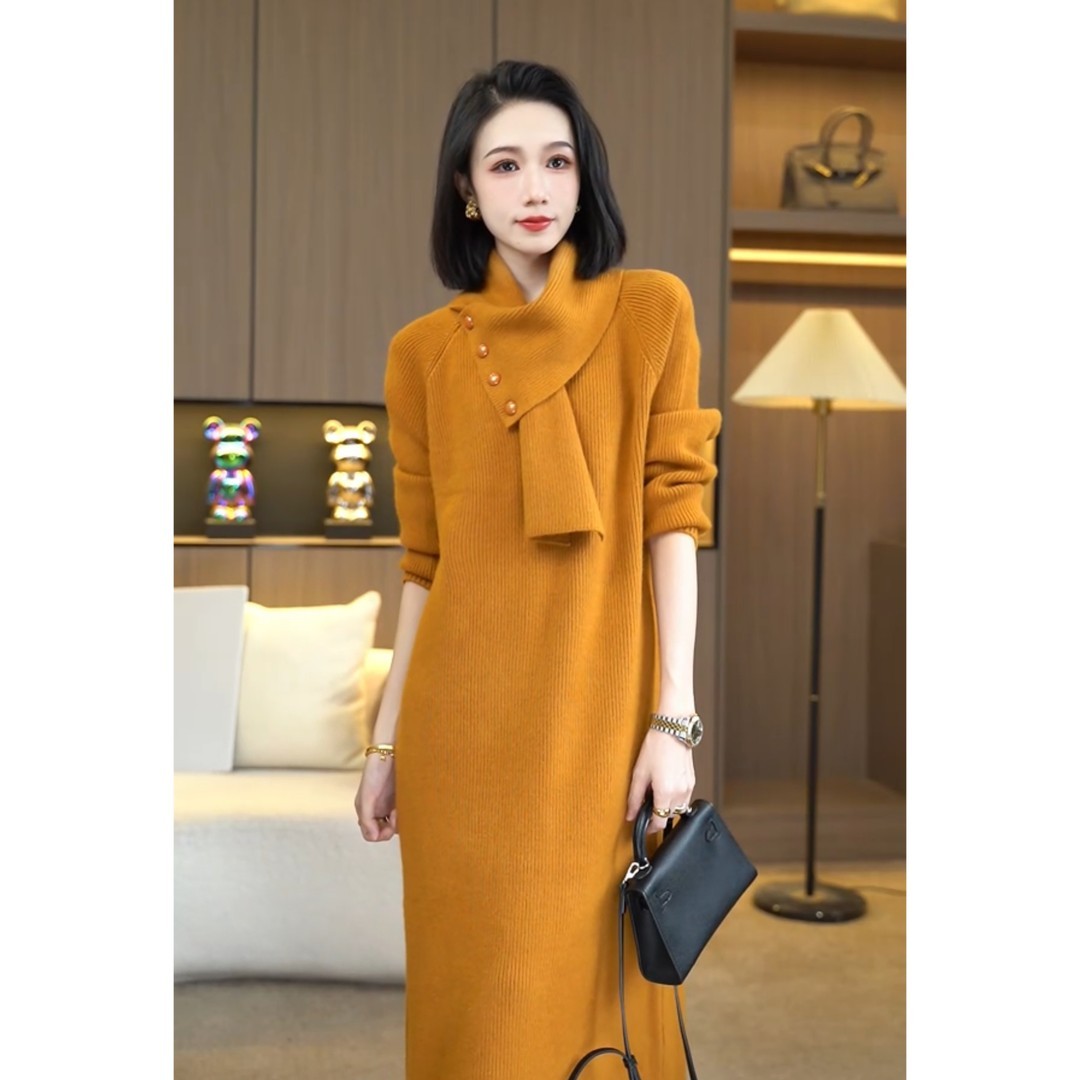 围巾针织连衣裙女秋冬遮肚子中长款过膝毛衣裙洋气宽松显瘦内搭