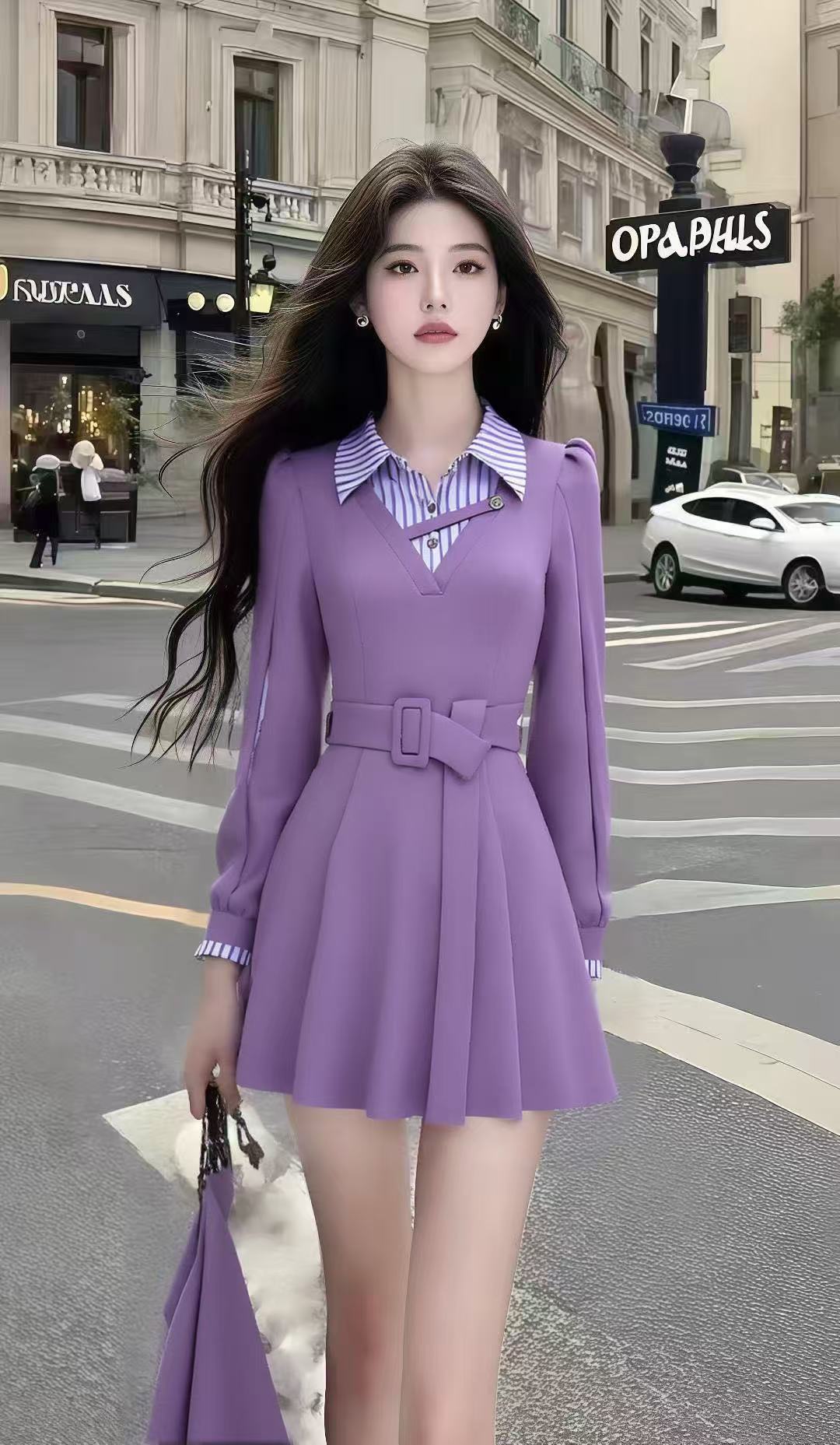 时尚韩版休闲通勤风衬衫领长袖收腰系带假两件连衣裙女氛围感短裙