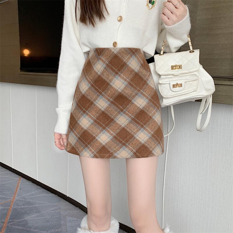 秋冬季菱格复古撞色毛呢半身短裙子女款高腰韩版小个子百搭短裙子