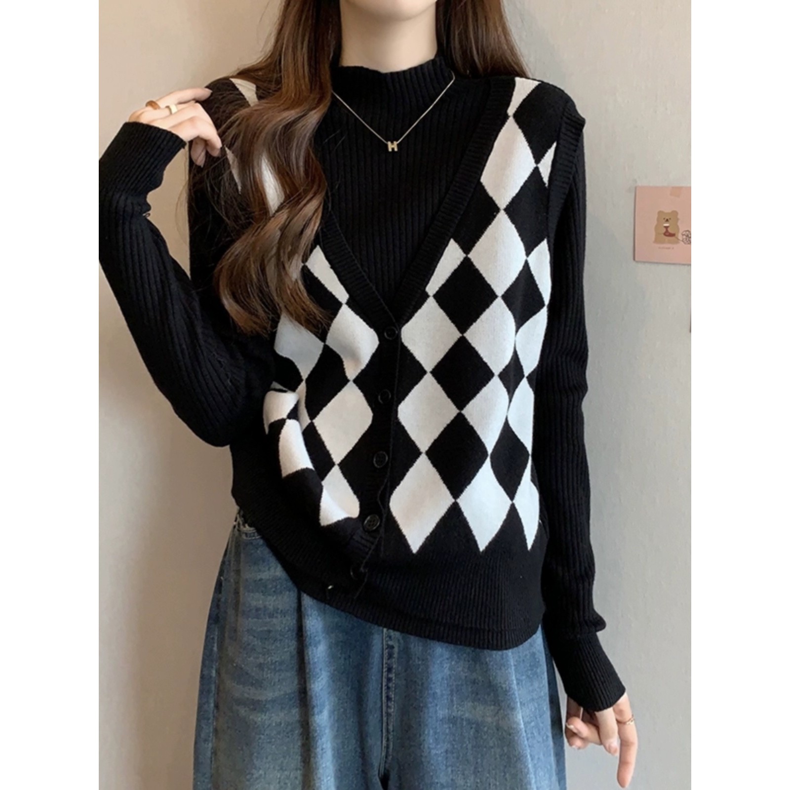 大码胖mm假两件针织衫女秋冬宽松显瘦菱格毛衣内搭半高领打底上衣