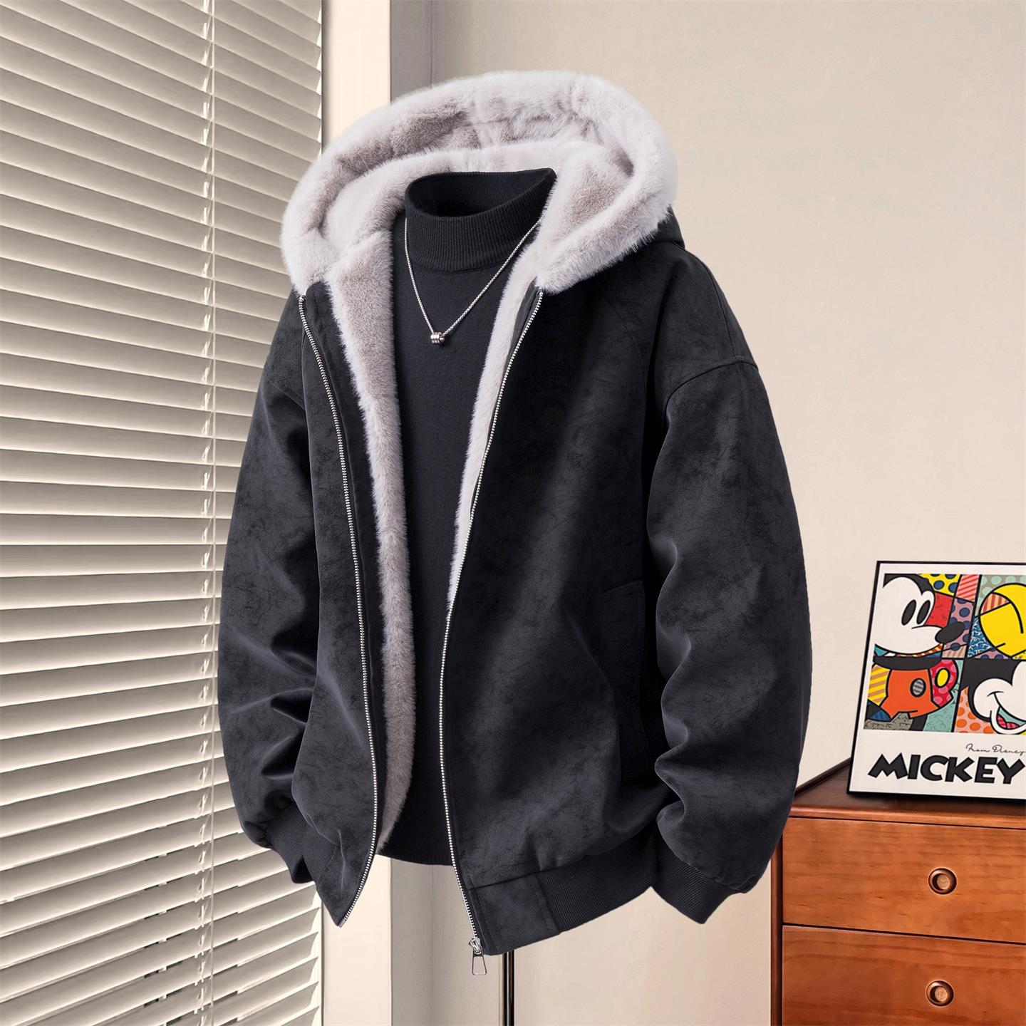 网红洋气炸街男装2025冬季新款连帽加棉加厚百搭夹克座山雕外套