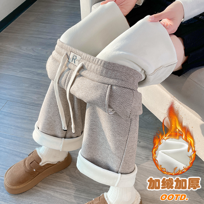 加绒毛呢阔腿裤女秋冬季高腰休闲加厚羊羔绒保暖棉裤人字纹直筒裤