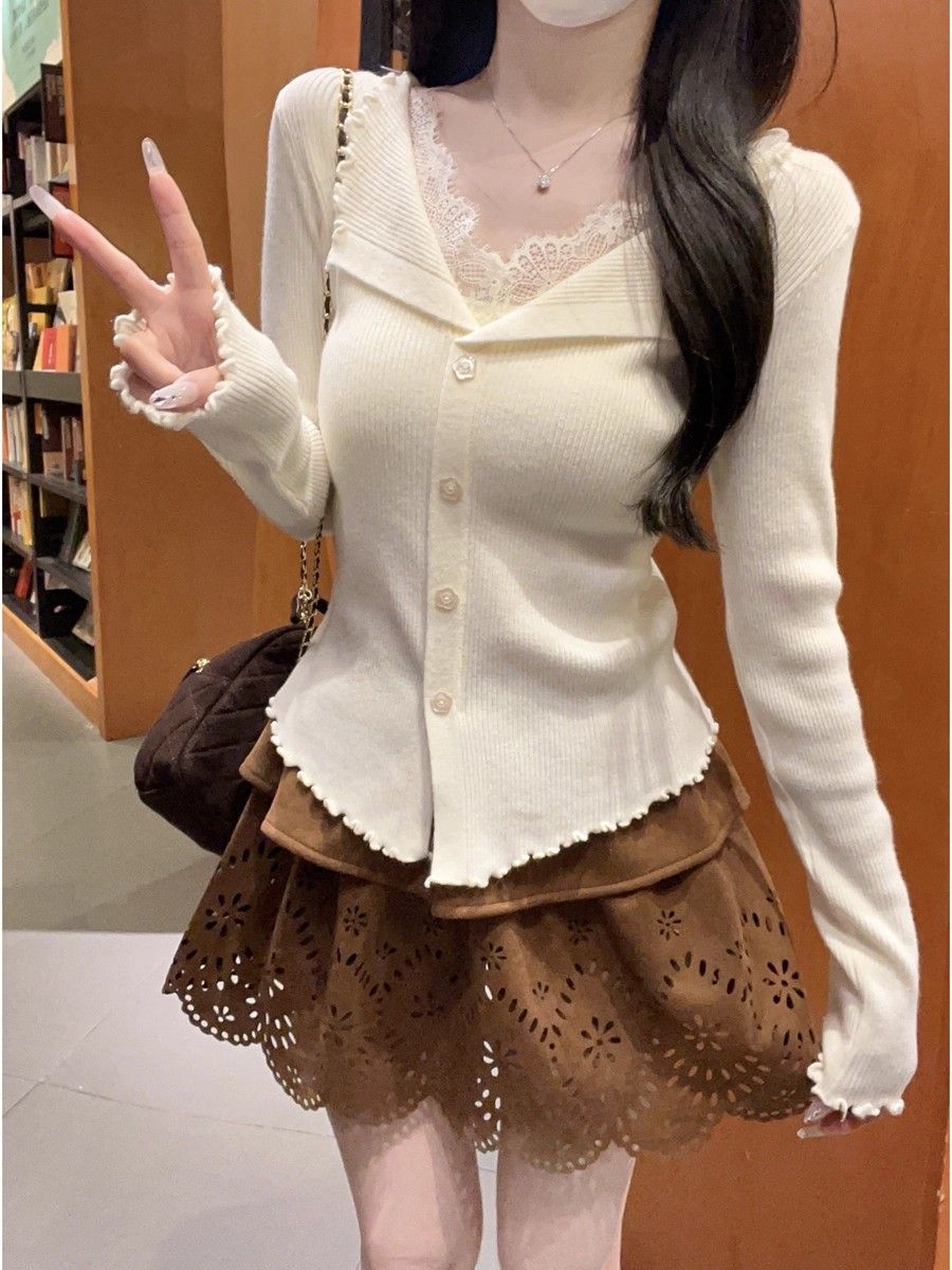 秋冬2025新款法式甜美温柔V领蕾丝木耳边针织开衫毛衣外套女上衣