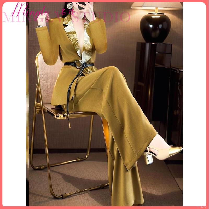 名缕秋装新款设计感时尚甜酷高端套装姜黄色西装阔腿裤两件套女装
