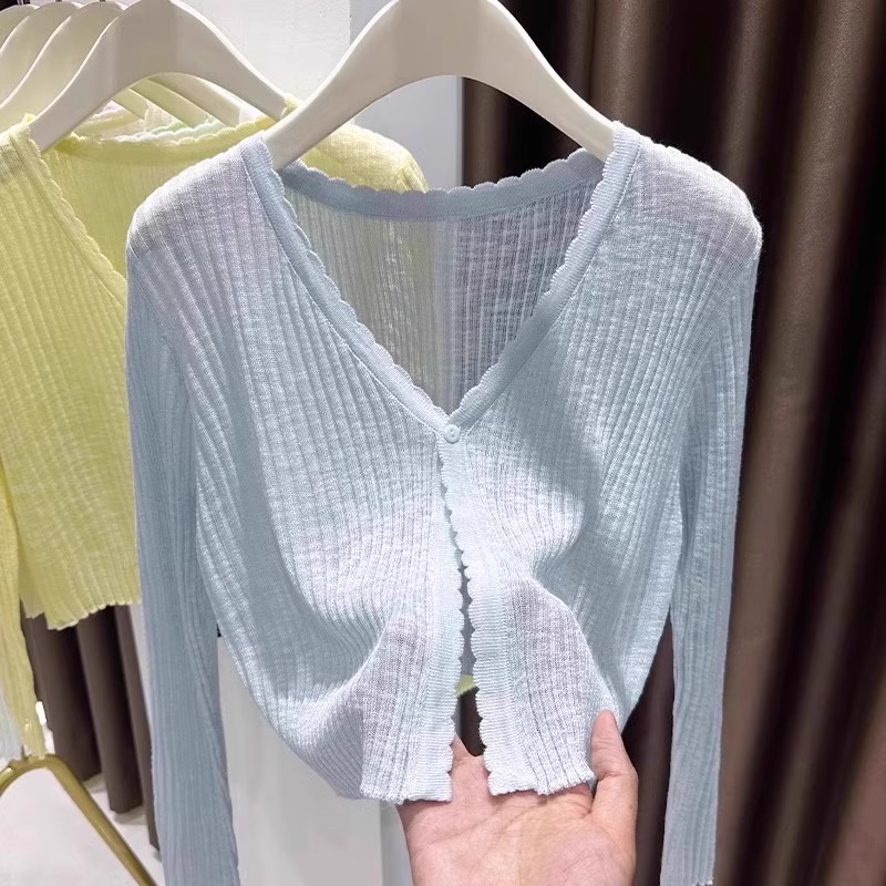 芊芊芙蓝色薄款针织冰丝开衫女夏吊带裙外搭空调衫防晒小披肩上衣