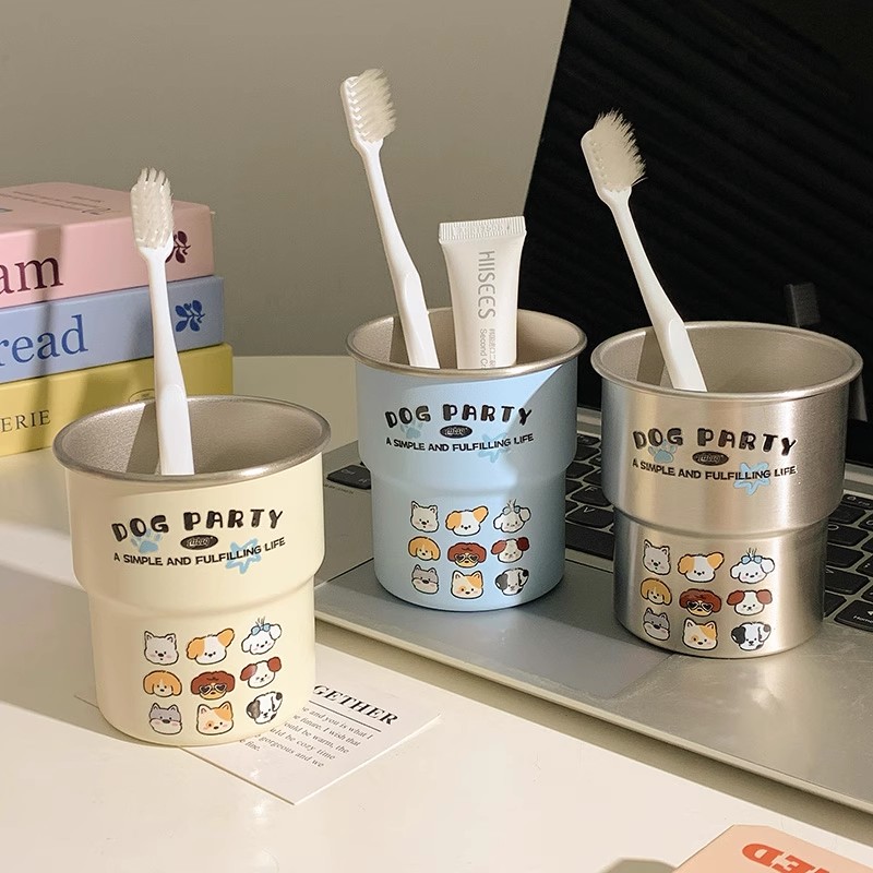 不锈钢阶梯可爱卡通小狗家族洗漱杯简约家用高颜值情侣漱口杯cy