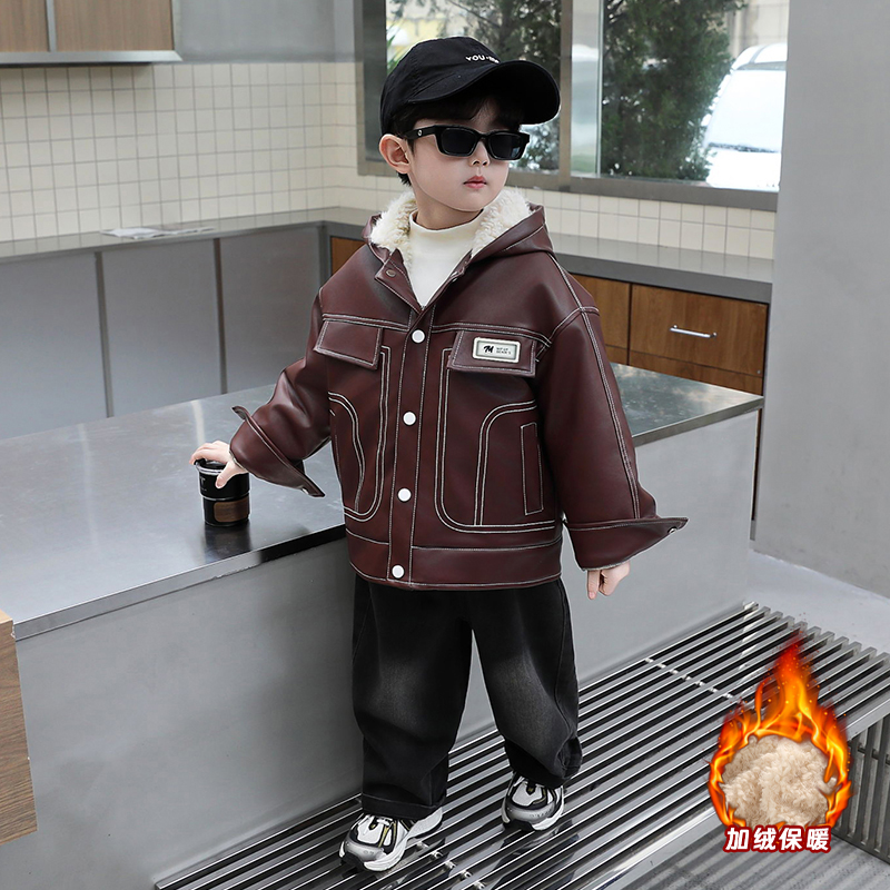 男童加绒连帽皮衣2025儿童痞帅秋冬装小男孩宝宝加厚炸街夹克外套
