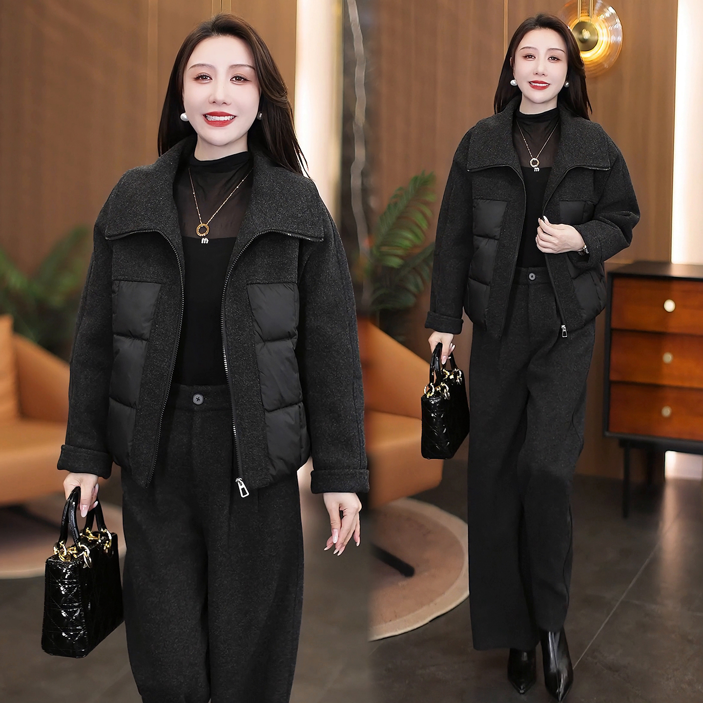 时尚套装女2025秋冬新款洋气呢子拼接棉衣显瘦阔腿裤气质两件套潮