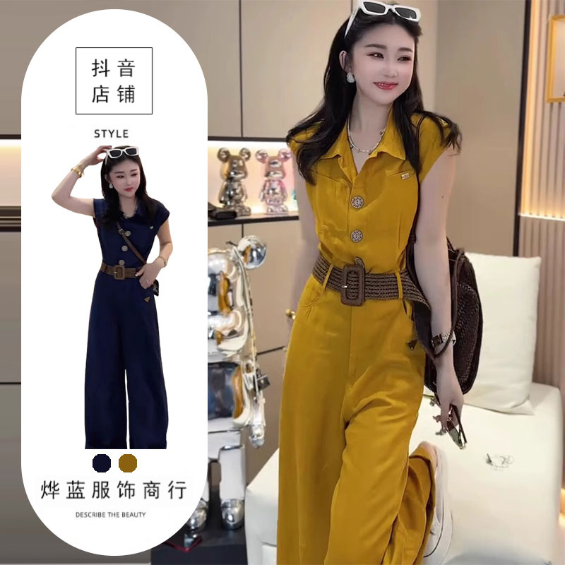 新款气质通勤时尚高级感显白纽扣V领长裤高腰显瘦连体裤一整套潮