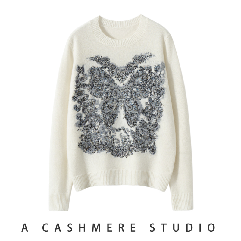 C.M羊绒羊毛圆领蓝色蝴蝶毛衣宽松针织羊绒衫