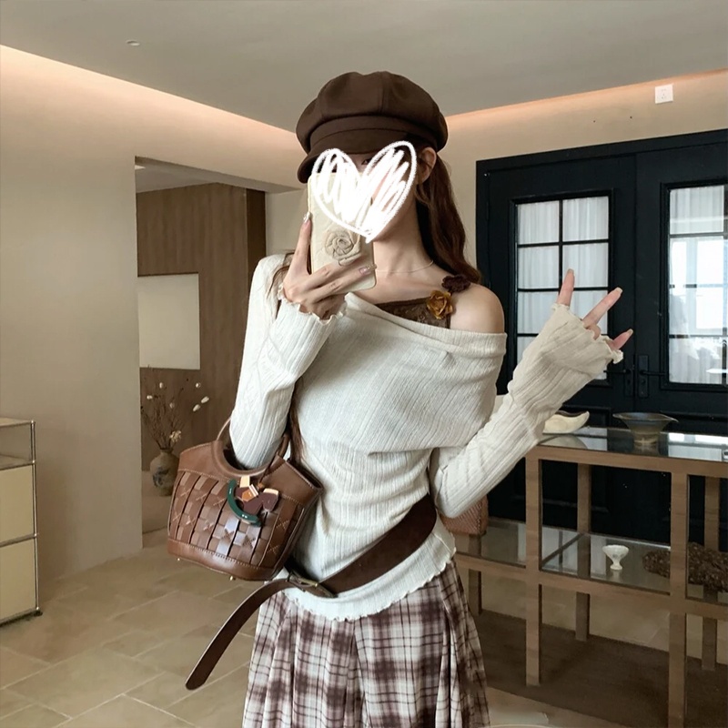 美式复古重工蕾丝撞色长袖针织衫女装秋季假两件花朵修身显瘦上衣