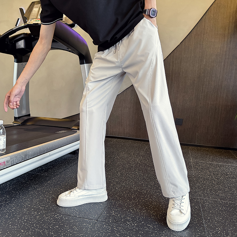 网眼透气打孔冰丝裤子男款夏季直筒速干运动裤美式斜切休闲微喇裤