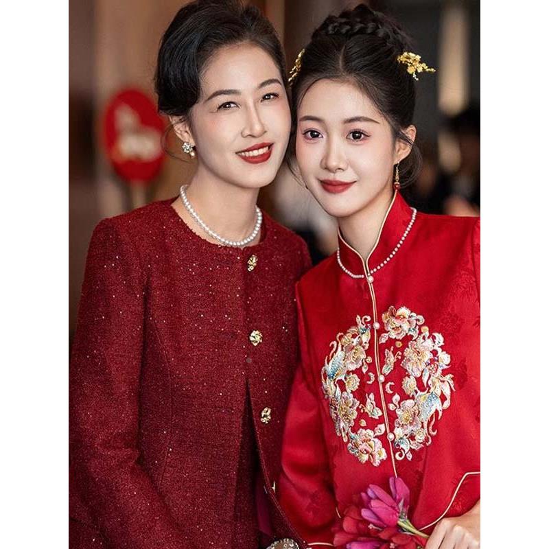 【商场撤柜】秋冬季喜妈妈结婚宴礼服喜婆婆红色小香风套装裙轻奢