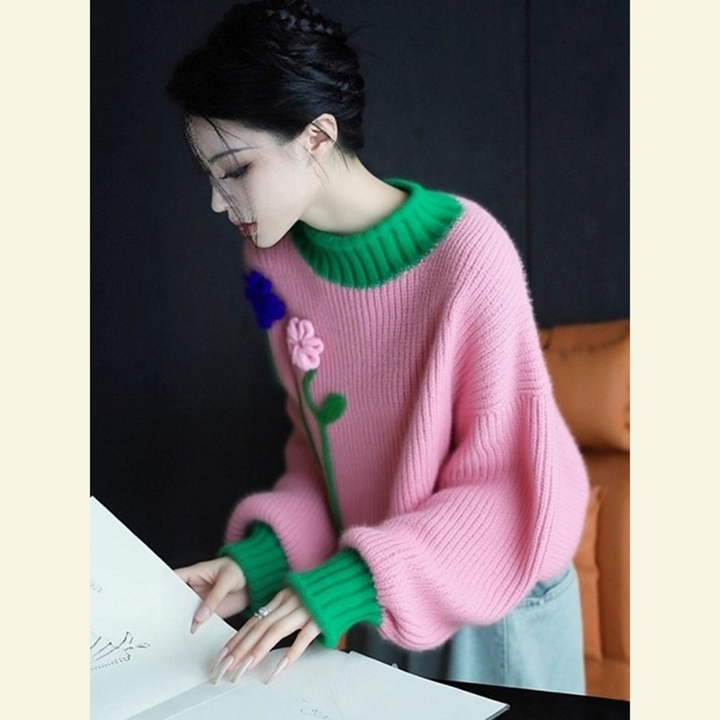 今年流行漂亮多巴胺洋气减龄毛衣慵懒风高级感粉绿拼色针织衫女冬