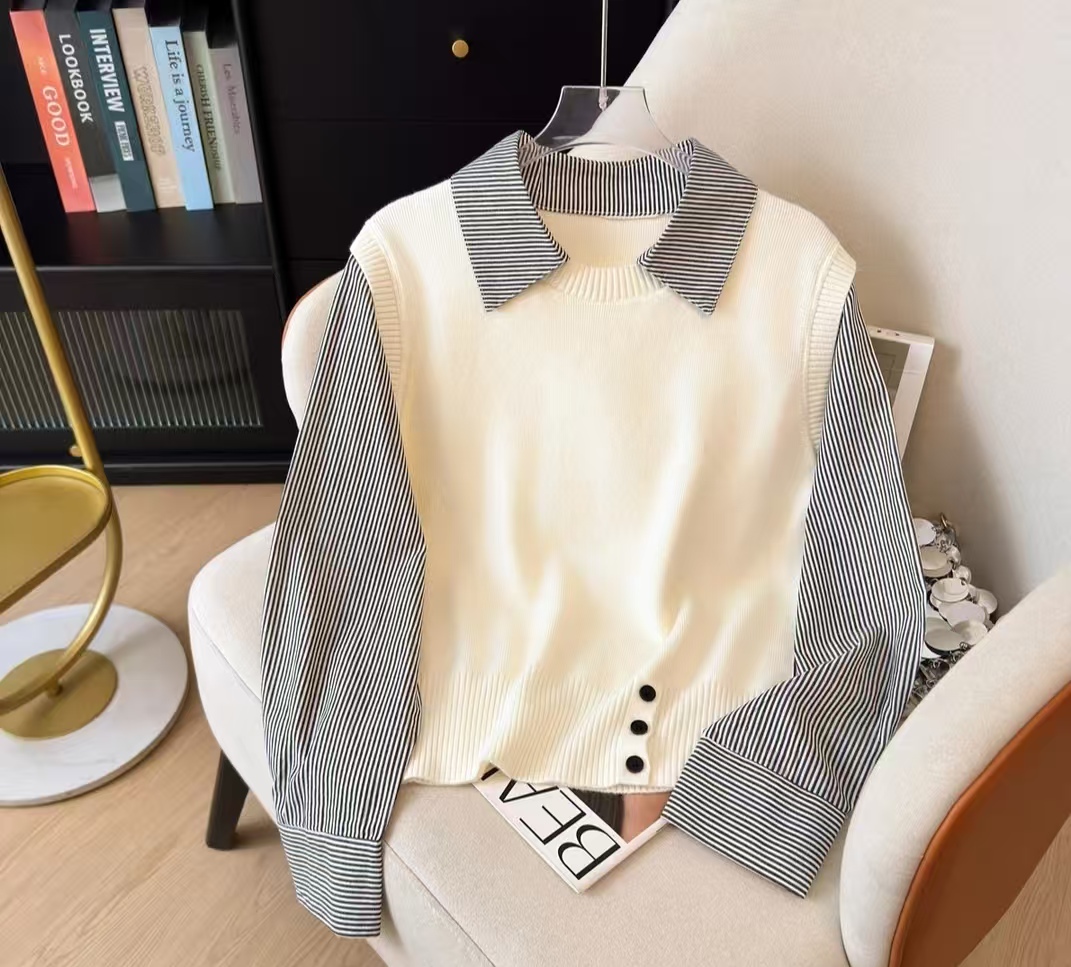 秋季新款法式拼接针织假两件条纹衬衫女装高级设计感长袖针织