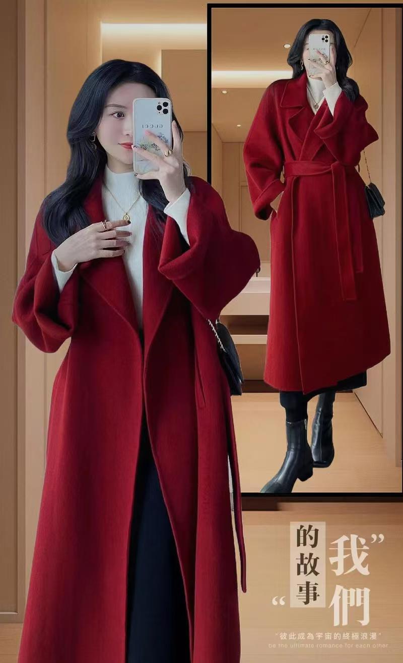 （非图片款）气质网红小个子红色双面毛呢中长款秋冬时尚羊绒大衣