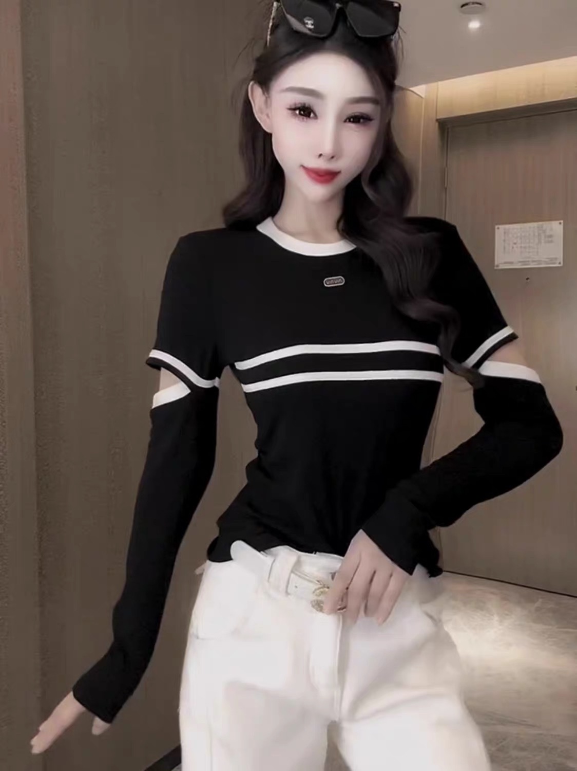 欧韩断袖条纹T恤女新潮字母小标拼色长袖百搭长袖打底上衣