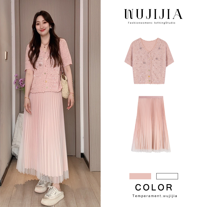 【甜粉少女】粉色蓝色百褶针织上衣粉色/淡绿色半裙套装+ZL106705