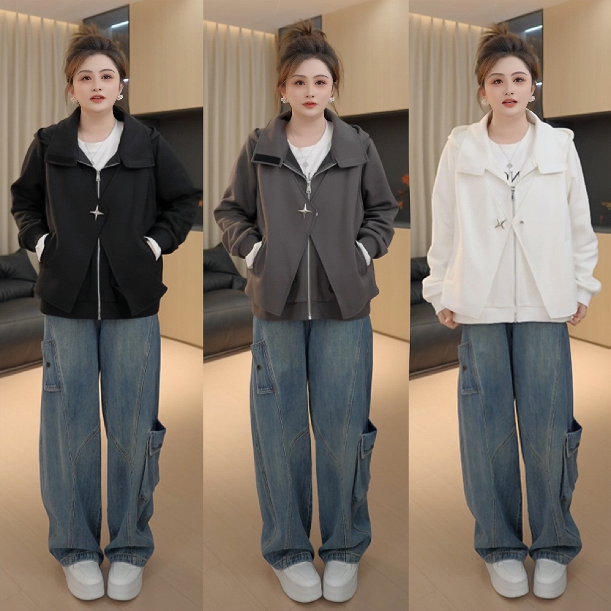 【胖佳佳】现货~星耀卫衣外套 秋冬女装宽松休闲百搭上衣H625D14074