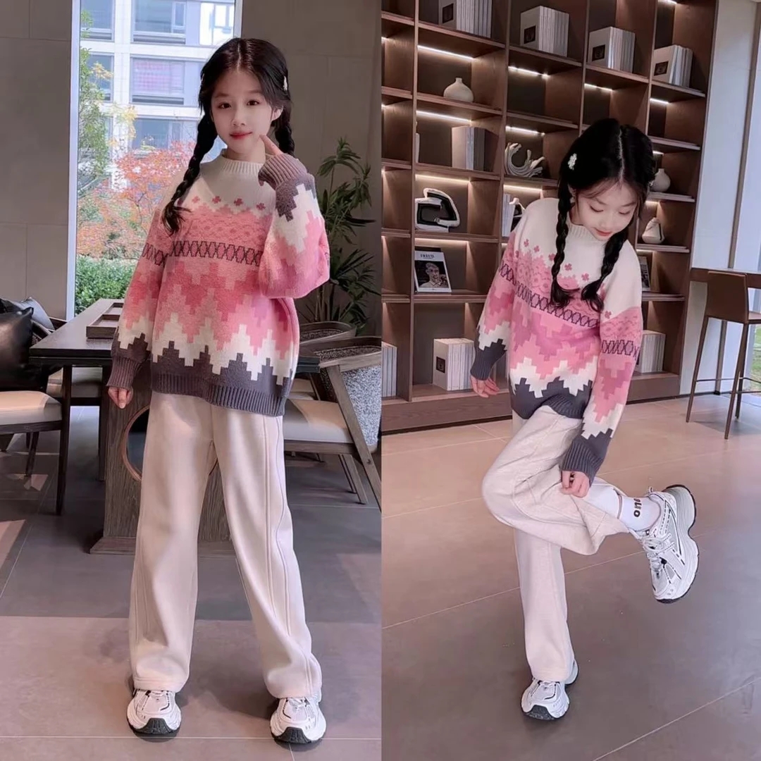 女童毛衣秋冬新款针织套头+加绒裤子两件套儿童中大童9-15岁套装8