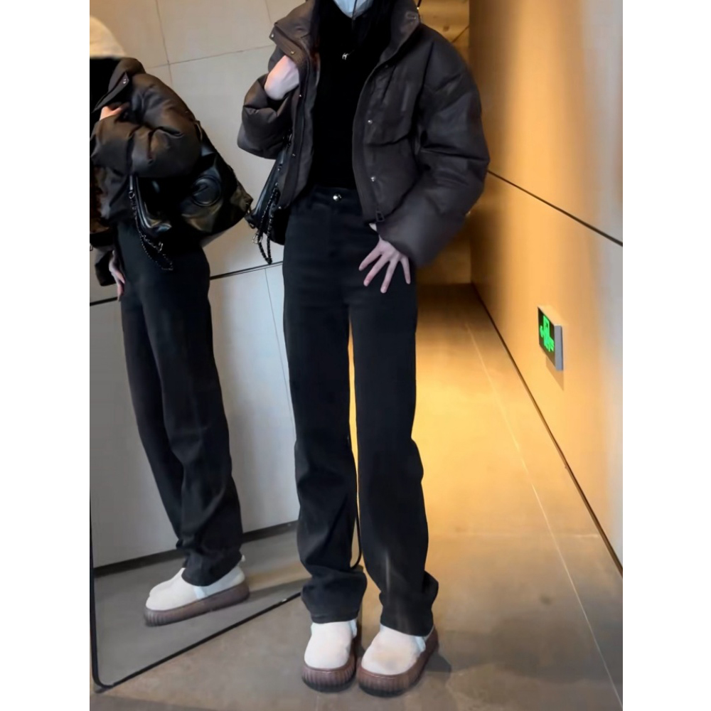 黑色弹力窄版直筒牛仔裤女秋冬梨形身材加绒高腰修身宽松显瘦长裤