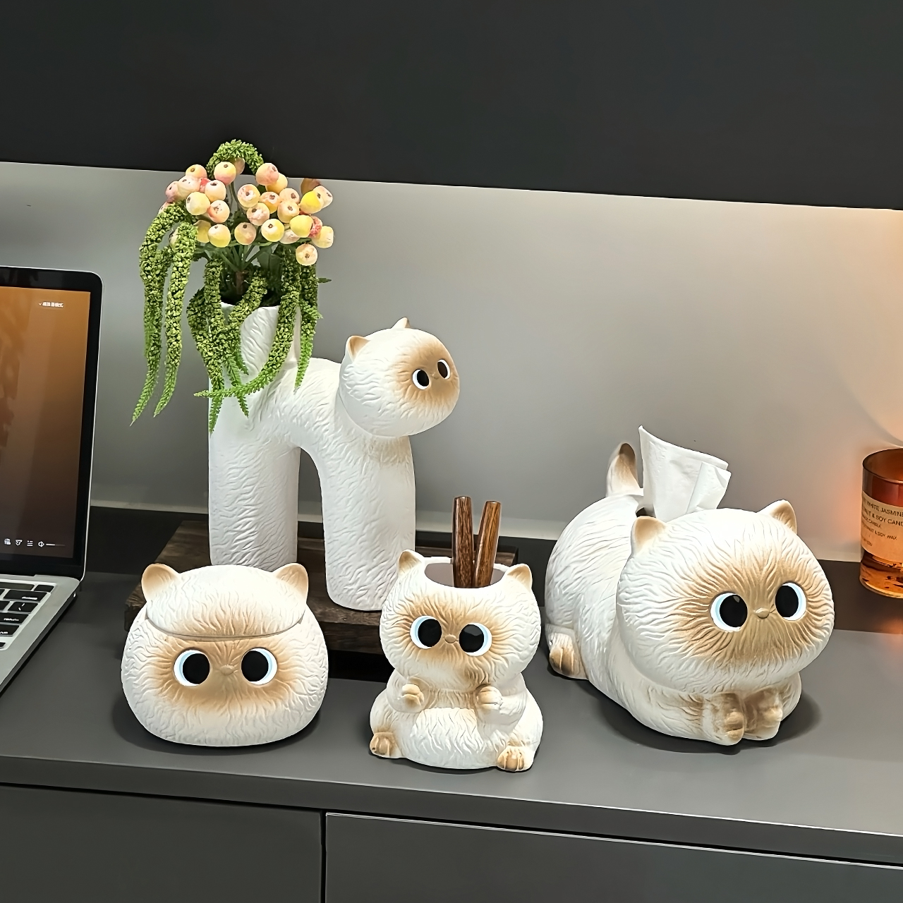 可爱暹罗猫造型花瓶家用装饰花瓶纸巾盒客厅茶几家用创意餐巾纸盒