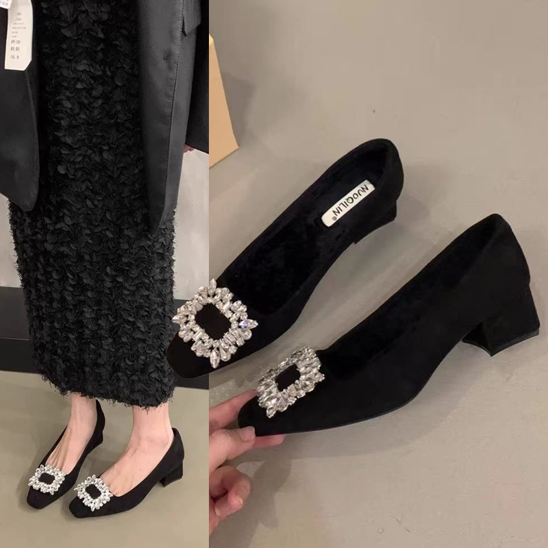法式水钻气质单鞋女鞋子2025新款黑色方头高级感通勤鞋玛丽珍