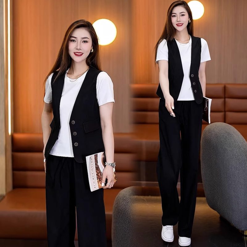 时尚休闲三件套女2025夏季新款洋气质减龄开衫短袖马甲阔腿裤套装