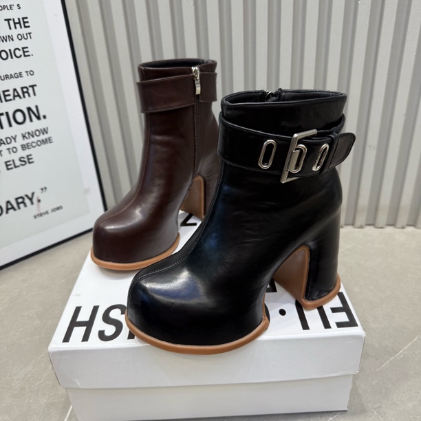 富819-10新款防水台皮带扣加绒粗跟短靴跟高10公分舒适百搭洋气