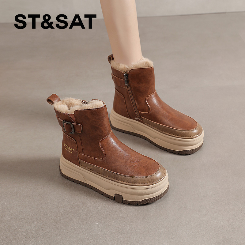 星期六加绒棕色雪地靴女2025冬季新款厚底高帮棉靴复古保暖短筒靴