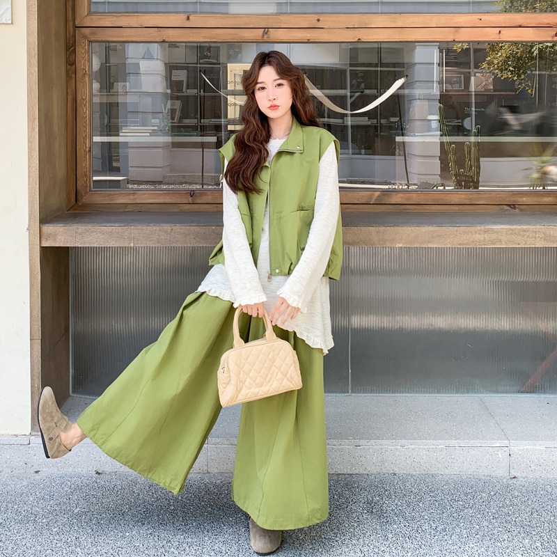 日系复古文艺范马甲T恤阔腿裤套装2025春秋新款盐系甜酷风三件套