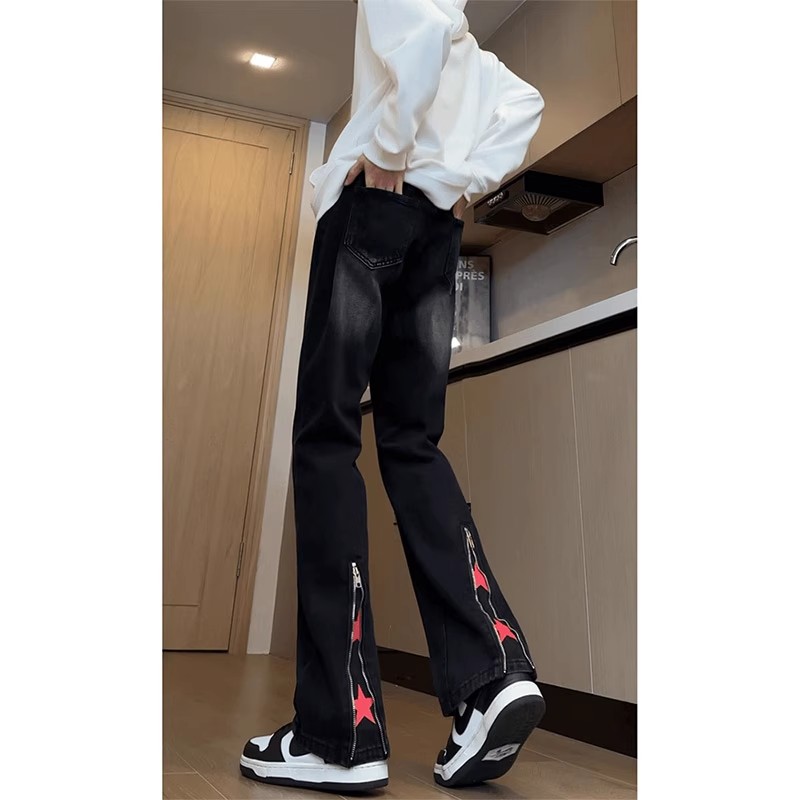 拉链牛仔裤男2025新款夏季爆款美式直美式斜切闪电纹牛仔裤