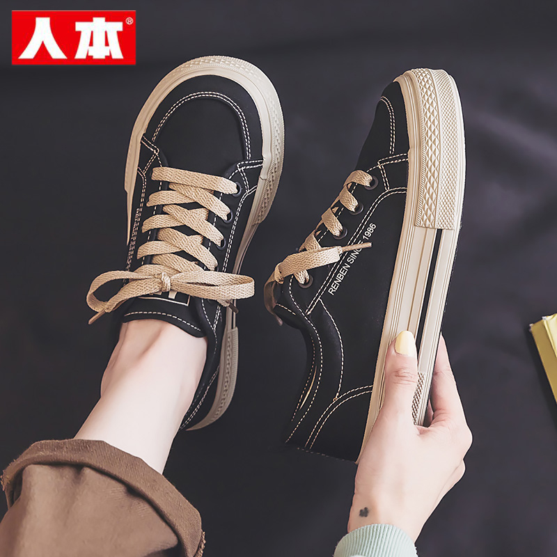 人本厚底帆布鞋女2025秋季新款复古透气百搭黑色运动鞋情侣板鞋子