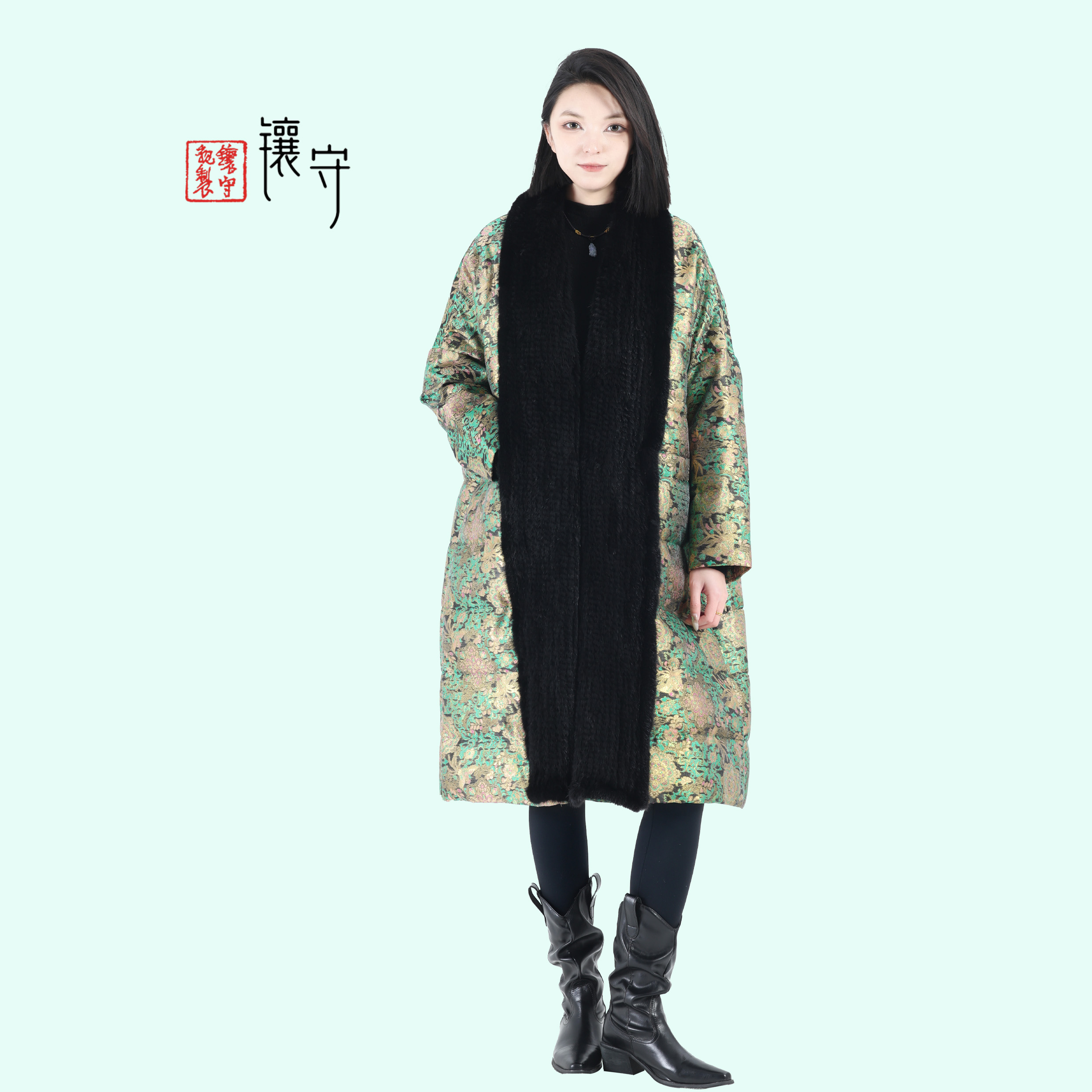 【镶守·砚秋】冬季时尚高级轻奢保暖长款水貂毛白鹅绒服外套26331