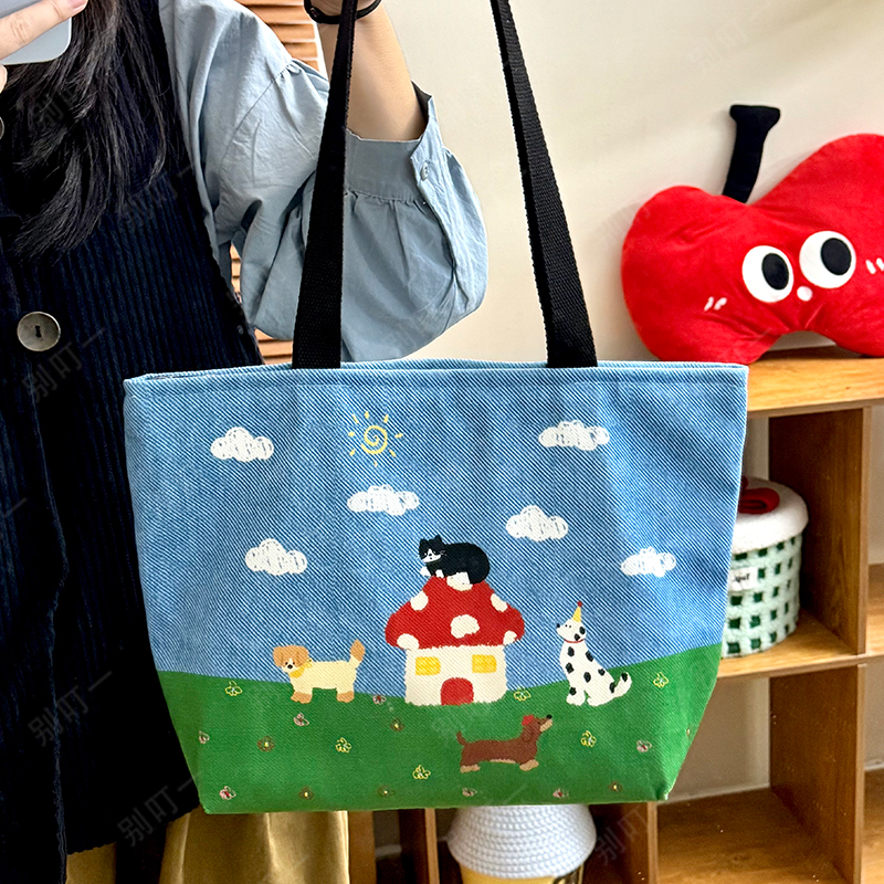 森林蘑菇屋帆布包妈咪包ins百搭上班上课手提袋上班专用通勤包包