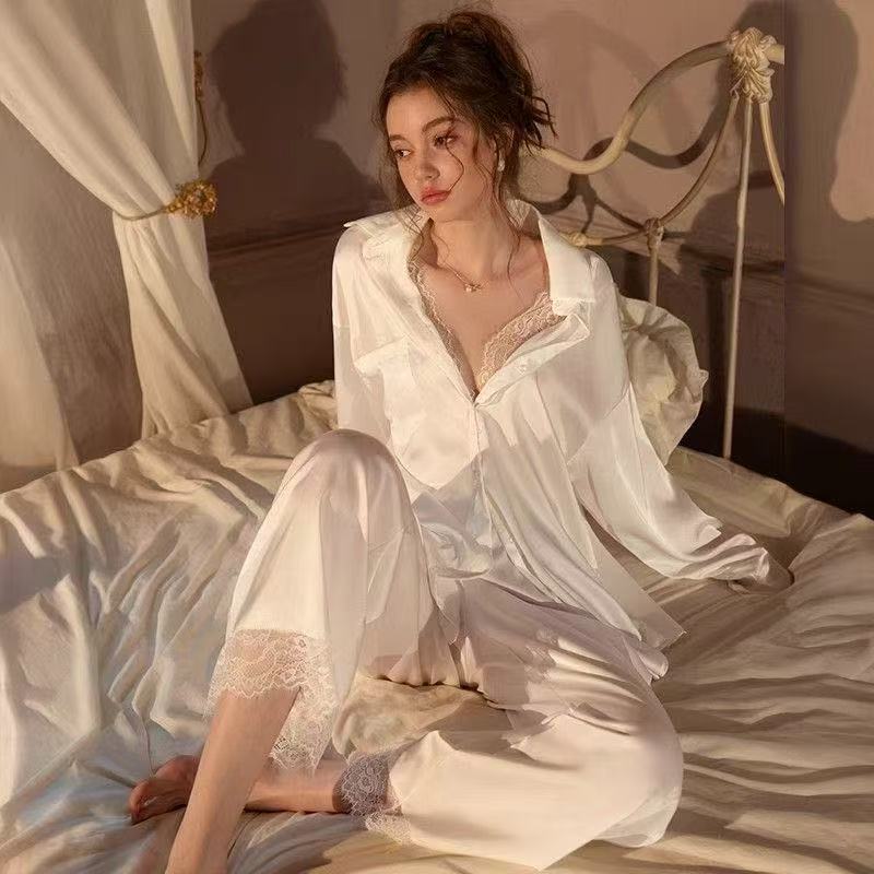 冰丝睡衣秋冬纯欲性感套装衬衫长袖长裤套装缎面宽松家居服