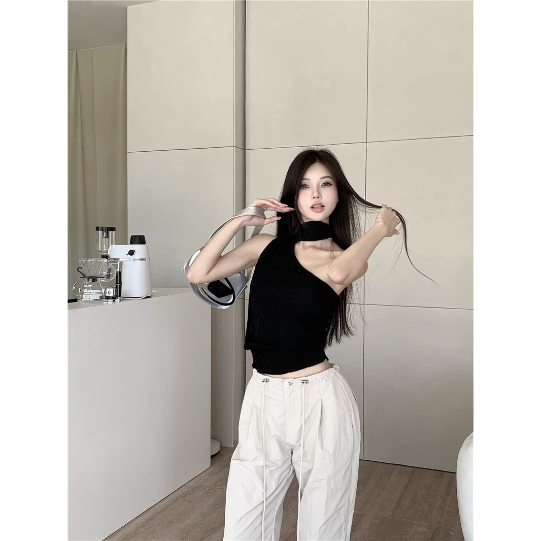 梦优莱韩系辣妹斜肩挂脖吊带背心女夏季修身短款内搭外穿露背上衣