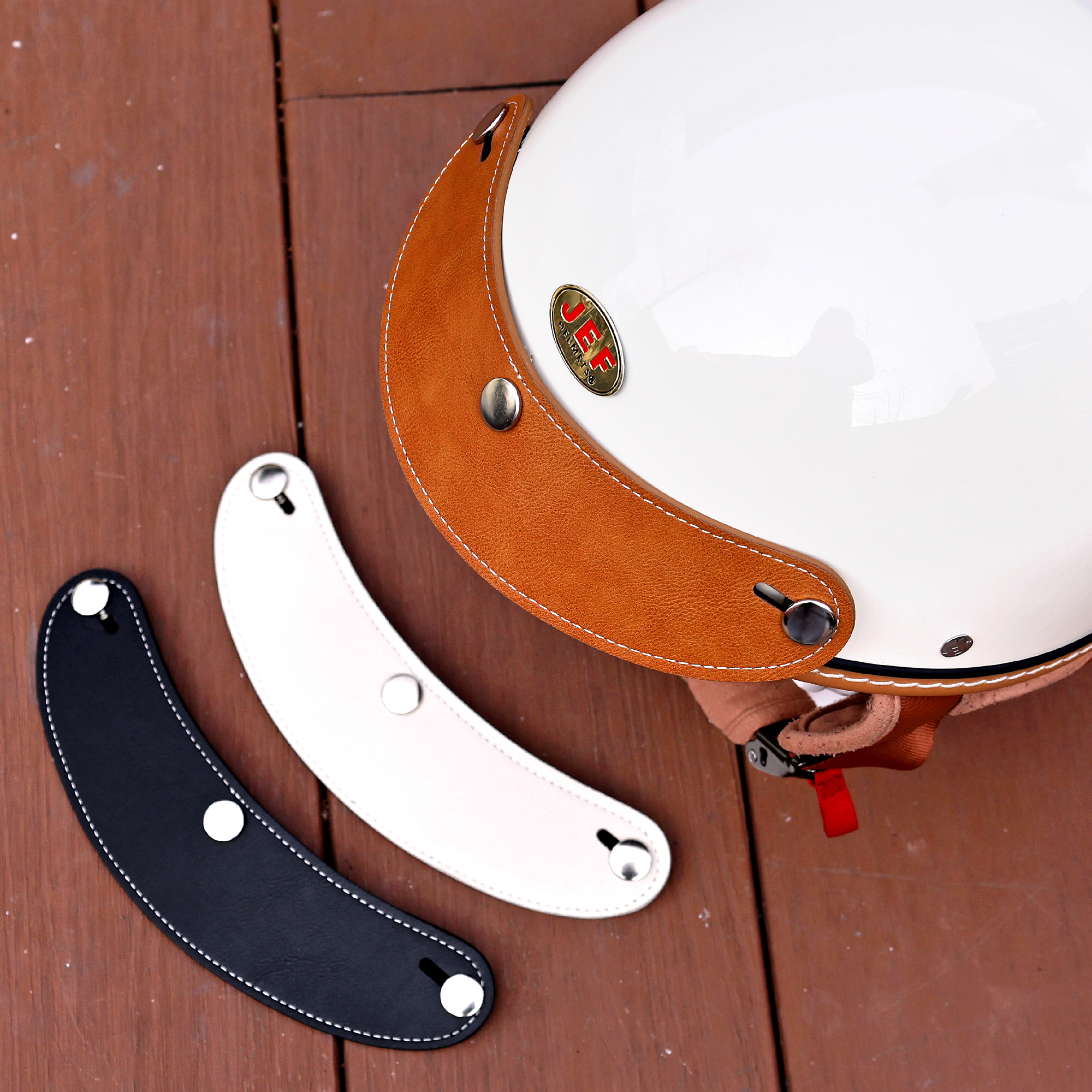 台湾JEF小盔体复古皮帽檐三扣式可调节半盔四分之三头盔遮阳帽舌