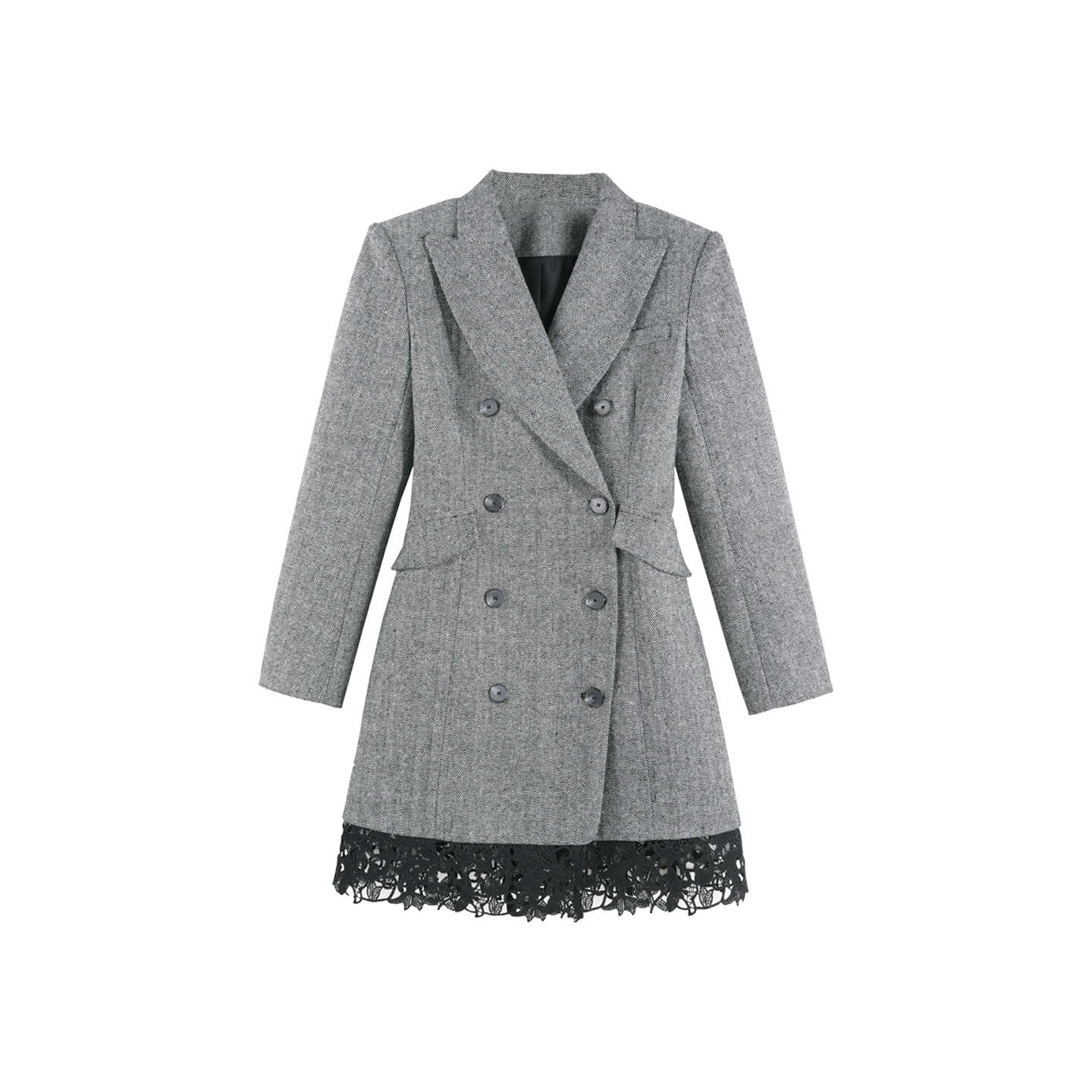 DENGDAHA「时尚主编」轻职风 翻领蕾丝边毛呢外套连衣裙HBZW652123